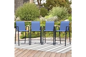 STABRECH Outdoor Bar Stools Set of 4, 44'' Patio Bar Chairs with Textile High Back, Bar Height Chairs with Straight Armrest and Footrest, Blue