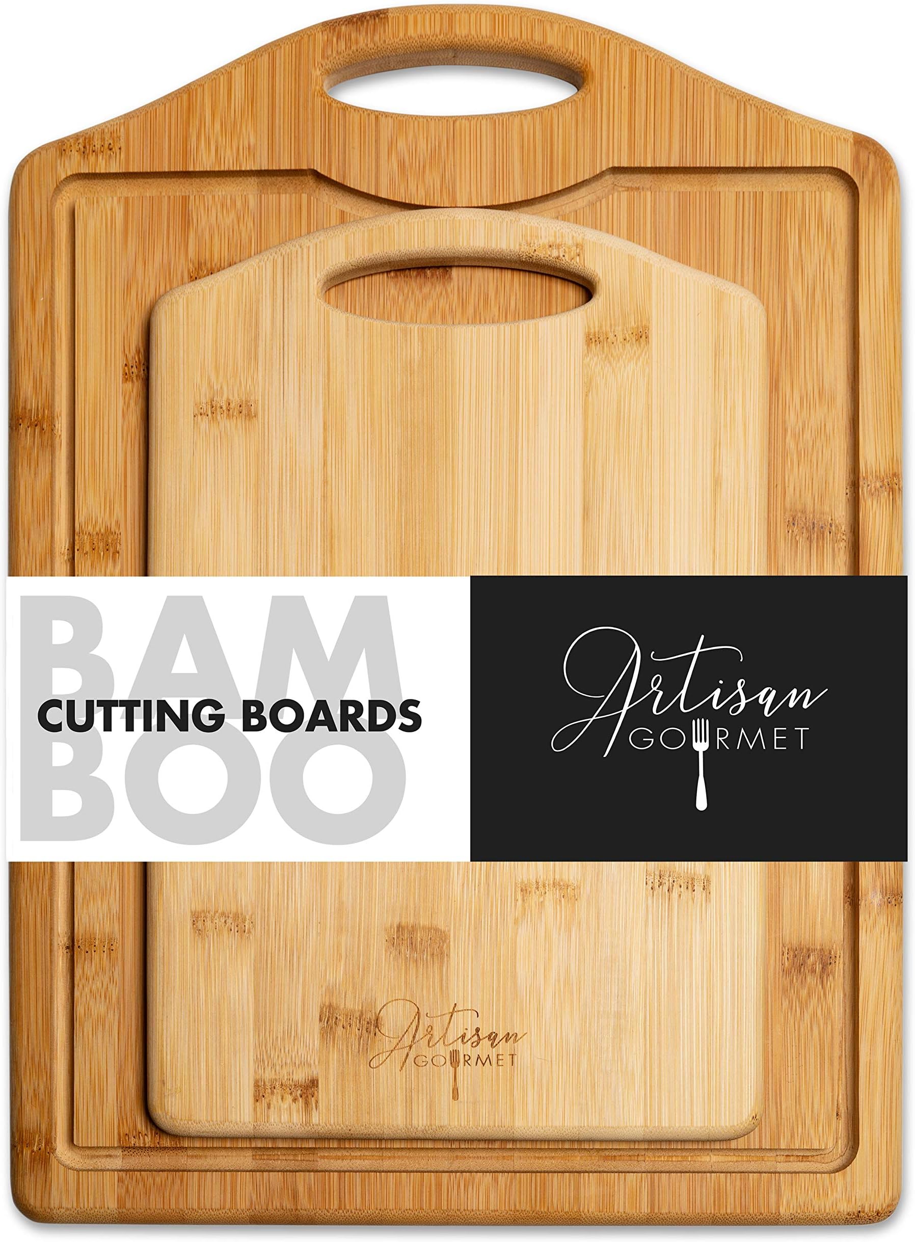 Bamboo cutting board for kitchen with anti-microbial & eco-friendly wood and juice grooves. Extra large and medium set of 2