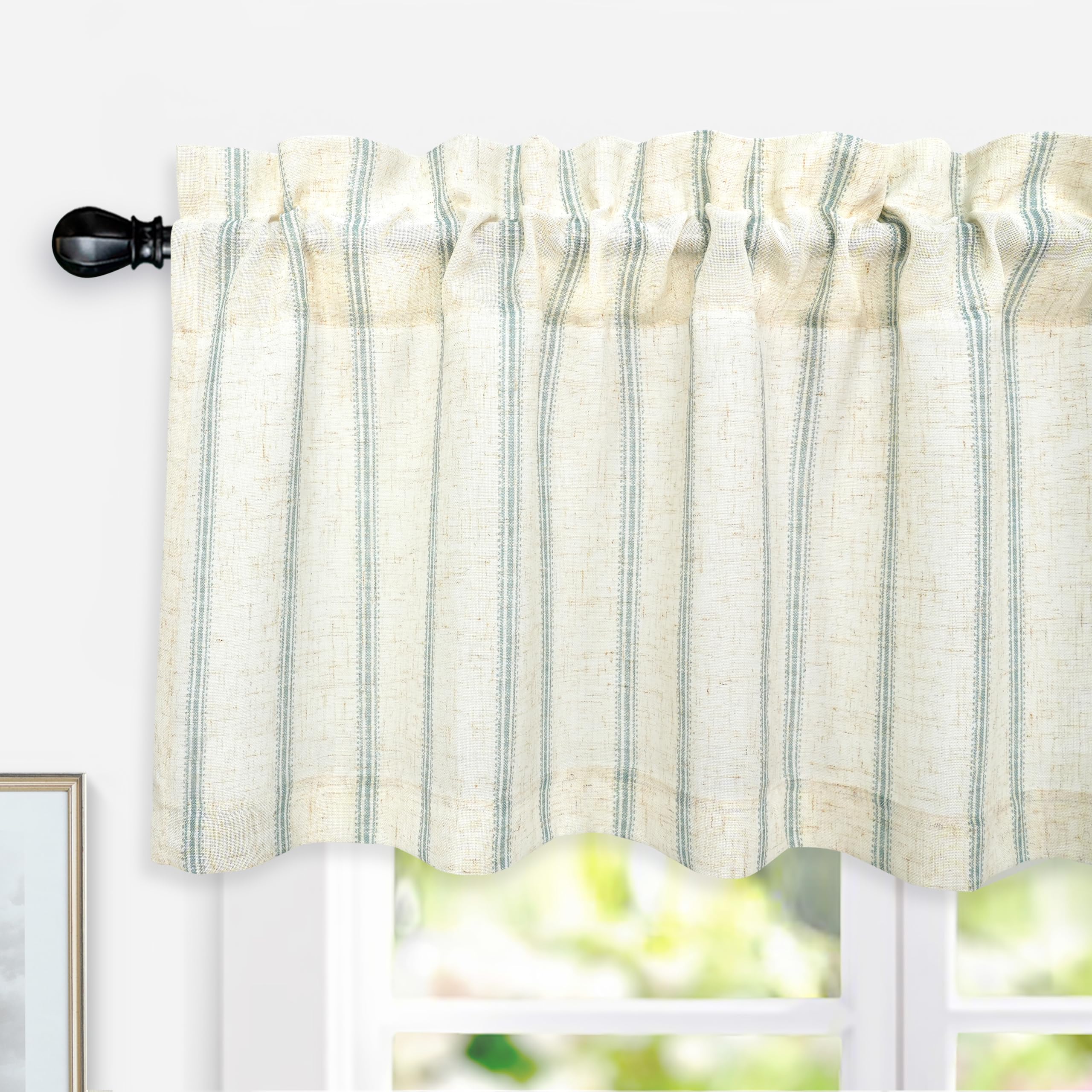 Photo 1 of DriftAway Linen Textured Curtain Valances for Windows Bathroom Bedroom Living Room Kitchen Windows Basement Blinds Rod Pocket Semi Sheer 52"x18" Plus 2 Inches Header 1 Panel Green Striped
