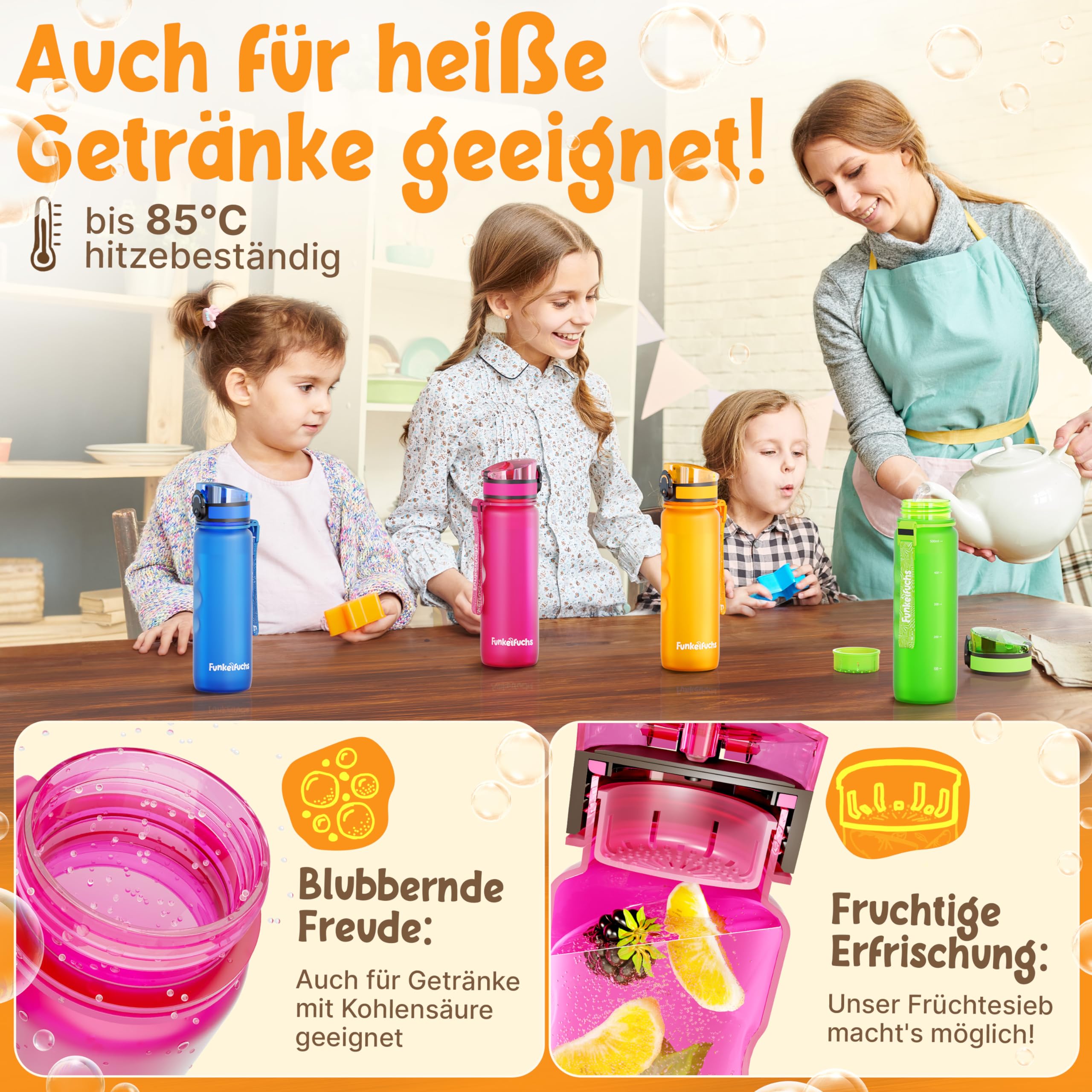Funkelfuchs®- Trinkflasche für Kinder – 500ml, Pink – Kohlensäure geeignet - 100% auslaufsicher - Wasserflasche spülmaschinenfest - für Kindergarten, Einschulung, Schule, Sport 6