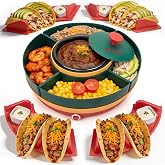 SugarWhisk Lazy Susan Taco Bar &amp; Condiment Containers with Lids, 4 Taco Holders for Taco Tuesday Kit, Fondue Pot for Taco Bell Sauce, Burritos, Nachos, and Fajitas, Red