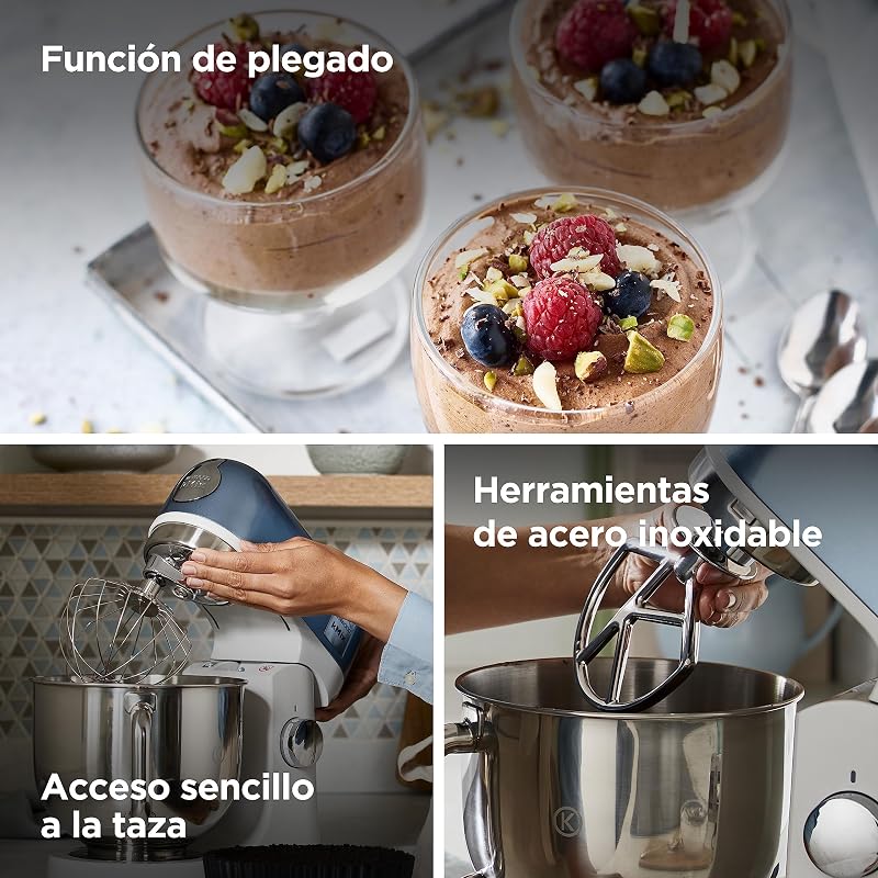 kMix - Robô de pastelaria multifunções com taça de aço inoxidável de 5 L, motor de 1000 W, corpo metálico, kit de pastelaria, 3 acessórios e tampa splash, azul (KMX760ABL)