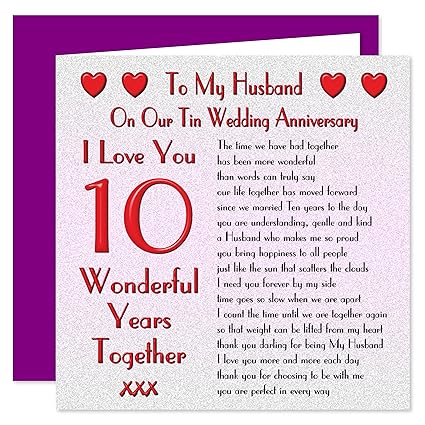 My Wife 10th Wedding Anniversary Card Sentimental Verse I Love You On Our Tin Anniversary 10 Years Konozsigns Com