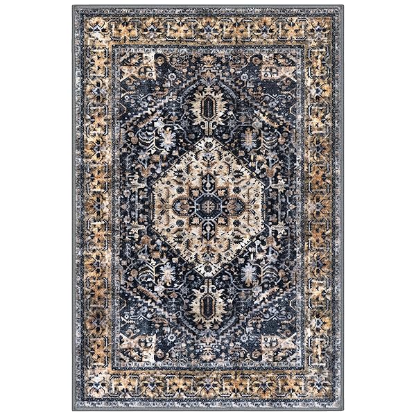 KOZYFLY BOHO AREA RUG 3X5 FT RUGS FOR ENTRYWAY WASHABLE ENTRY RUG NON SLIP DOOR MAT INDOOR ENTRANCE GOLD/ORANGE/NAVY PRINTED FAUX WOOL VINTAGE KITCHEN RUG THROW RUGS FOR ENTRANCE