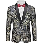 YND Men's Floral Tuxedo Jacket, Luxury Embroidered Blazer, Dress Suit with Bow Tie for Wedding Party Prom Dinner