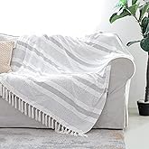 Decorative Grey Ivory Striped Throw with Fringe, Soft Chenille Knitted Farmhouse Lightweight Blanket with Tassels for Couch Sofa Chair Bed Office Home Décor, Gray and Off White,50" x 60"