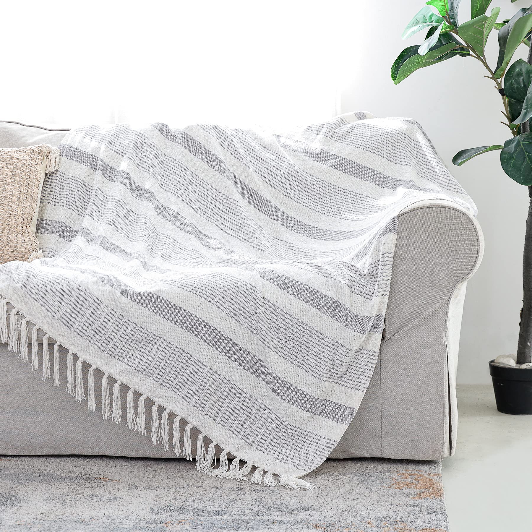 Decorative Grey Ivory Striped Throw with Fringe, Soft Chenille Knitted Farmhouse Lightweight Blanket with Tassels for Couch Sofa Chair Bed Office Home Décor, Gray and Off White ,127 x 152 cm