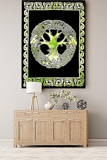 Buy Cotton Green Celtic Tree Printed Small Tapestry Wall Decor