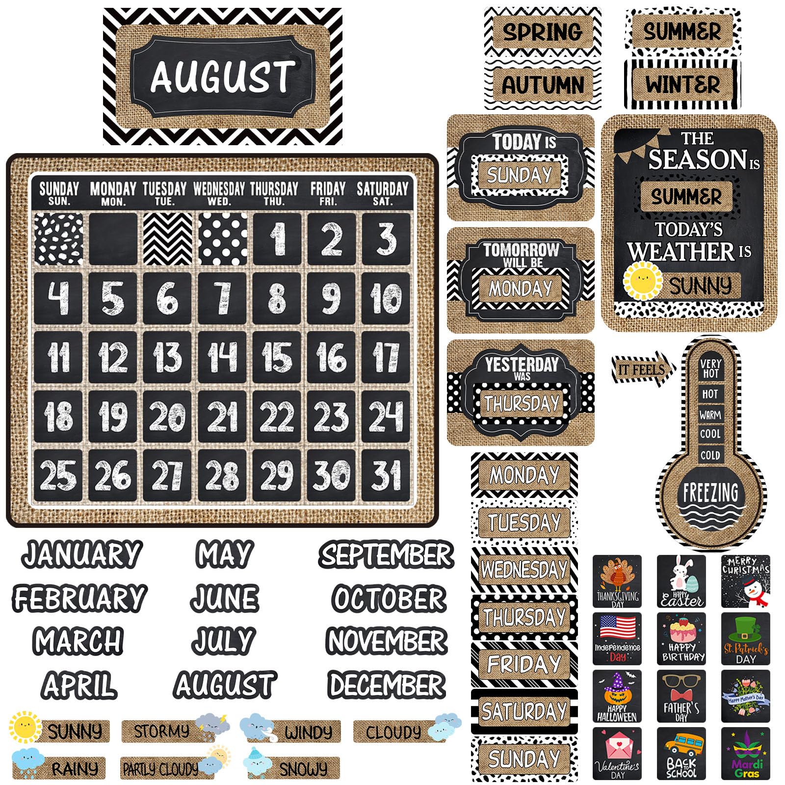 Photo 1 of Cholemy 85 Pcs Calendar Bulletin Board Set Classroom Calendar Bulletin Board with Numbers Month Weather Classroom Decoration Wall Decor for Chalkboard Back to School Supplies(Rustic)