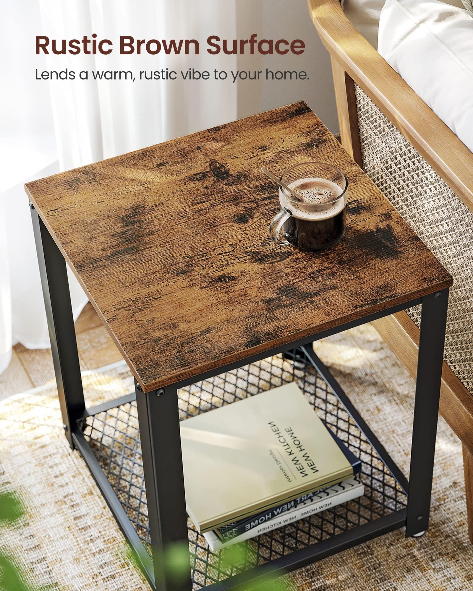 VASAGLE Side Table, 2-Tier Nightstand, End Table with Mesh Shelf, Steel Frame, Adjustable Feet, for Living Room, Bedroom, Industrial Style, Rustic Brown and Black ULET41X, 17.7 x 17.7 x 21.6 Inch