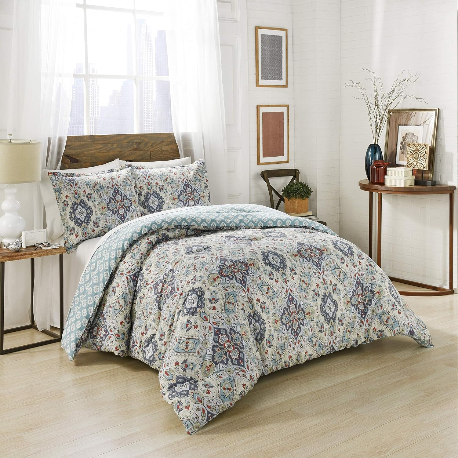 MISC 3 Piece Green Blue Bohemian Medallions Comforter Queen