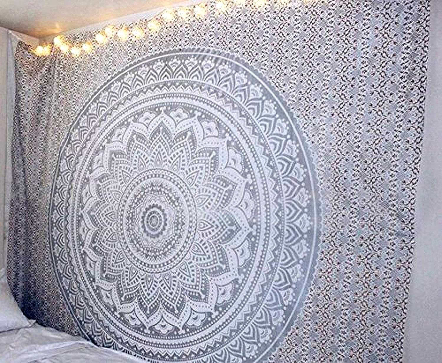 raajsee Grey Silver Mandala Tapestry Wall Hanging/Indian Cotton Boho Bohemian Psychedelic Hippie Throw/A Yoga Mat Beach Rugs Towel Blanket (White Silver Ombre - Image 4