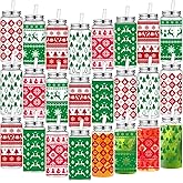 Skylety 24 Pcs Christmas Cups Bulk 13.5 oz Reusable Christmas Plastic Cups with Lids and Straws Red and Green Xmas Tumbler Snowflake Holiday Tumbler for Coffee Wine Drinks Decoration Party, 6 Styles
