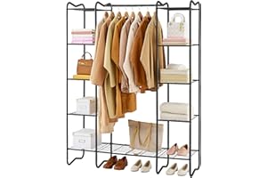 Gewudraw Wardrobe Closet with 8 Metal Shelves, Freestanding Garment Rack, Heavy Duty Clothing Rack For Hanging Clothes, Portable Clothes Rack, Closet Organizer Black
