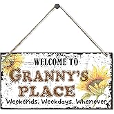 Vintage Style Sign, Welcome to Granny's Place Weekends, Weekdays, Whenever Decorative, Hanging Wood Sign Home Decorative, Printed Wood Wall Art Sign, Sunflower Sign Gift for Grandma 12x6 in