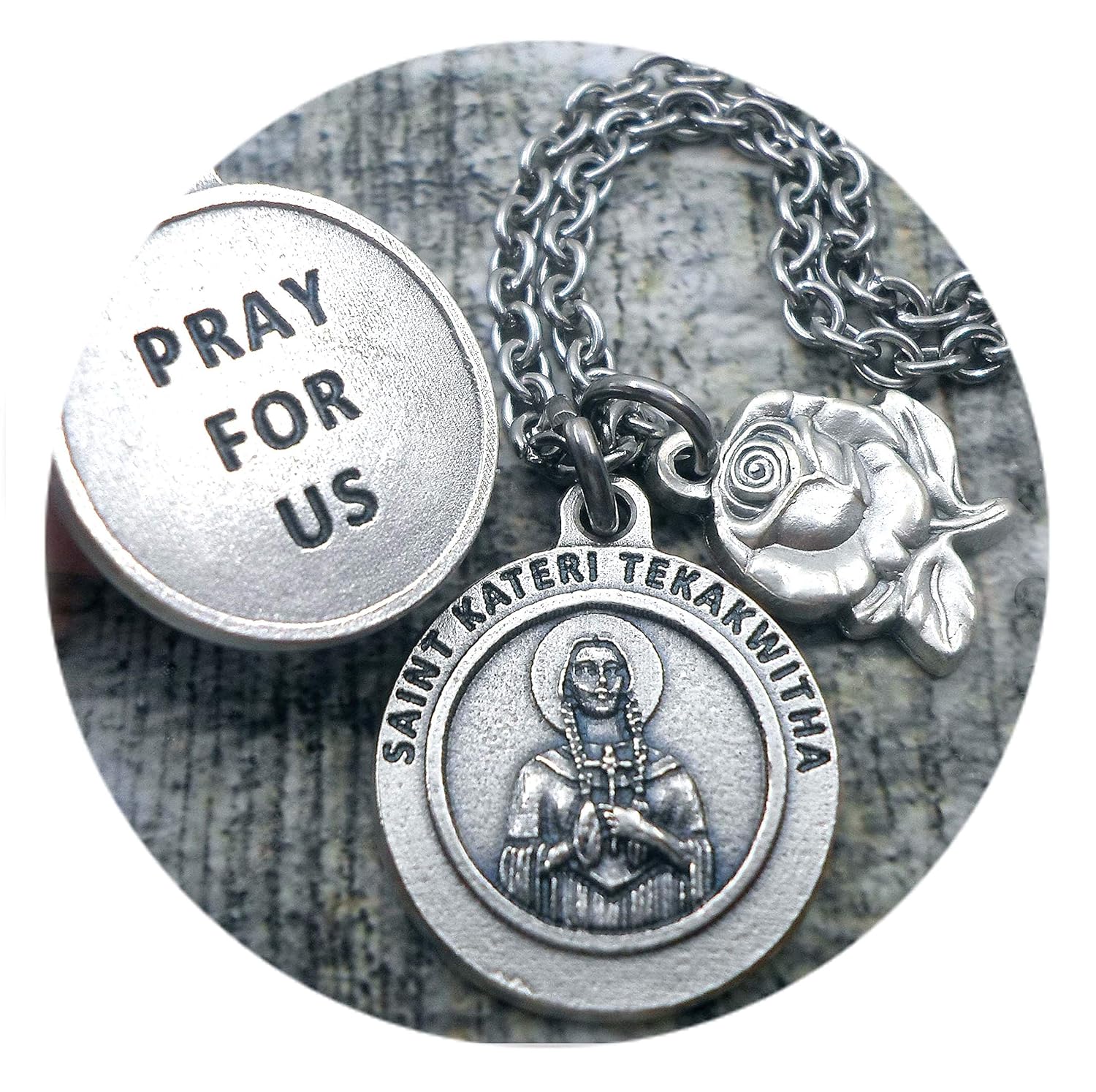 St. Kateri Tekakwitha Prayer Necklace, Keychain or Clip, Patron Saint Of Skin Cancer, Acne, Healing of the Skin, Wounds, Customize with Initial or Swarovski Crystal Birthstone Option, Unisex Gift