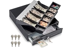 Volcora 13" Cash Register Drawer for Point of Sale (POS) System with Fully Removable 2 Tier Cash Tray, 4 Bill/5 Coin, 24V, RJ11/RJ12 Key-Lock, Double Media Slot, Small Money Drawer, Black