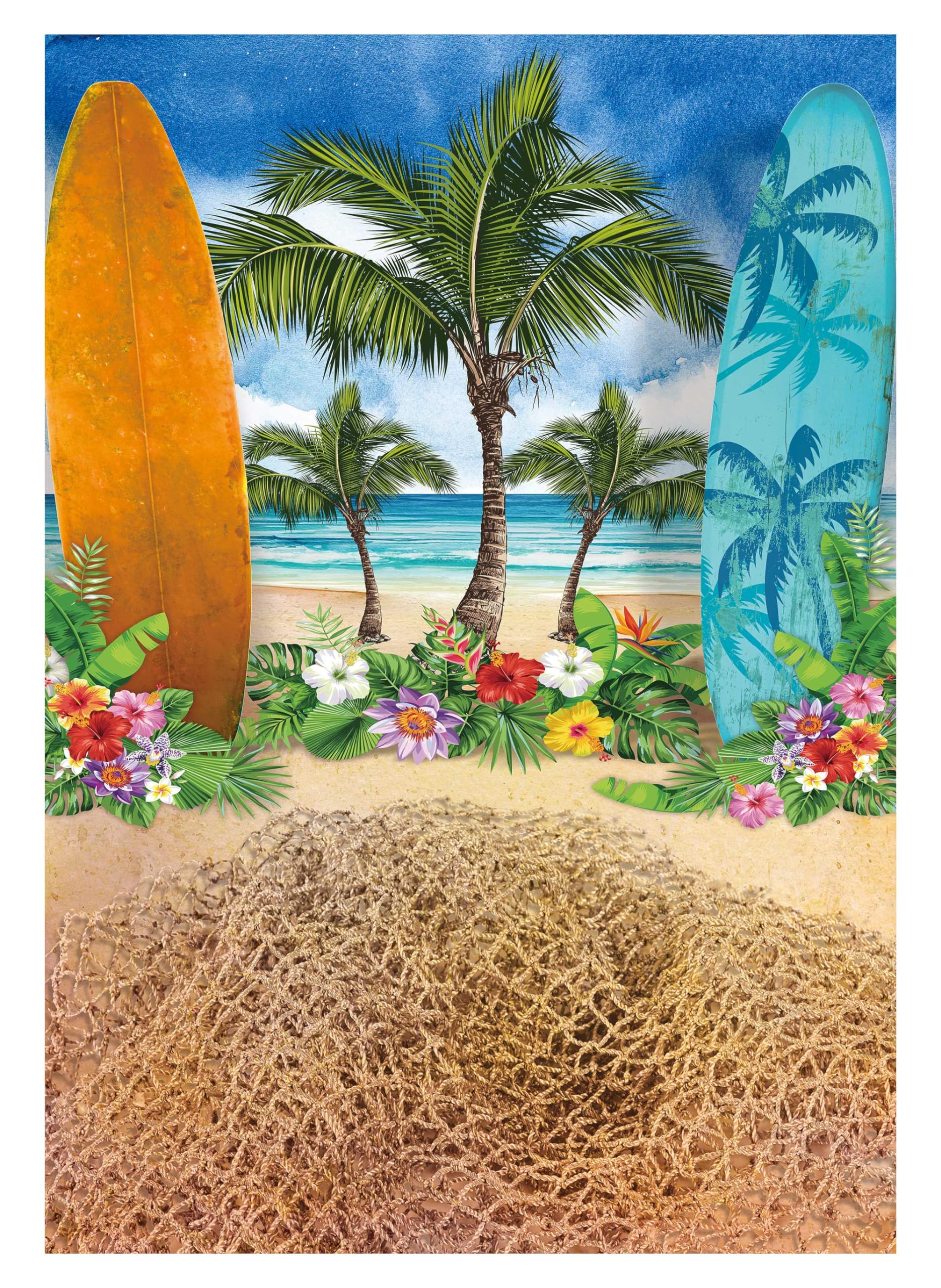 Photo 1 of Allenjoy Summer Beach Ocean Backdrops for Photography Blue Sky Seaside Surfboard Background Tropical Palm Trees Kids Girls 1st Birthday Party Decor Banner Baby Shower 5x7ft Photoshoot Photo Booth Prop