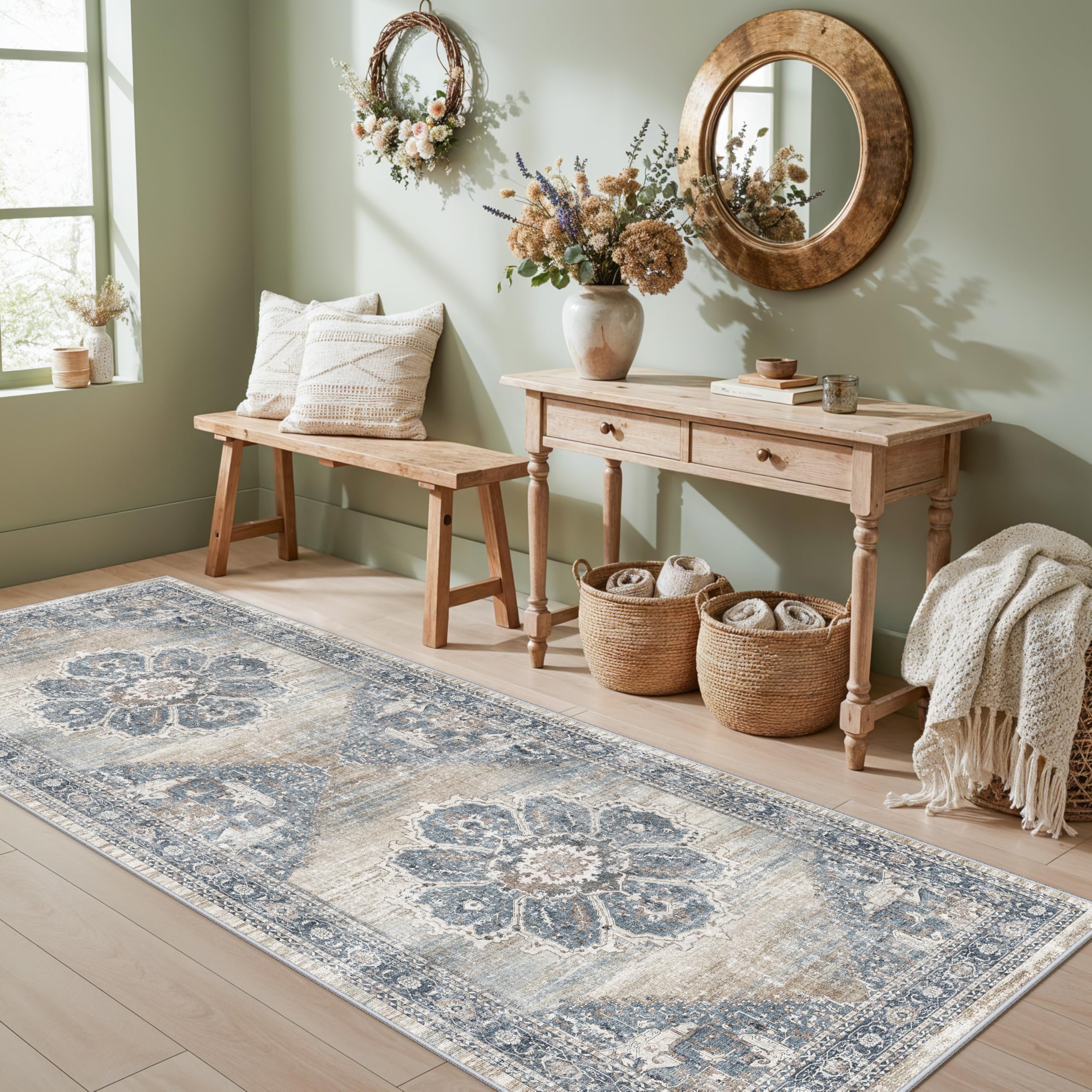 YOUFORTONG Washable 3x8 Runner Rug: Vintage Soft Thin Kitchen Runners with Non-Slip Backing Stain Resistant Carpet for Hallway Entryway Indoor Home Decor Floor Mat for Living Room Bedroom (Blue, 3x8) Image
