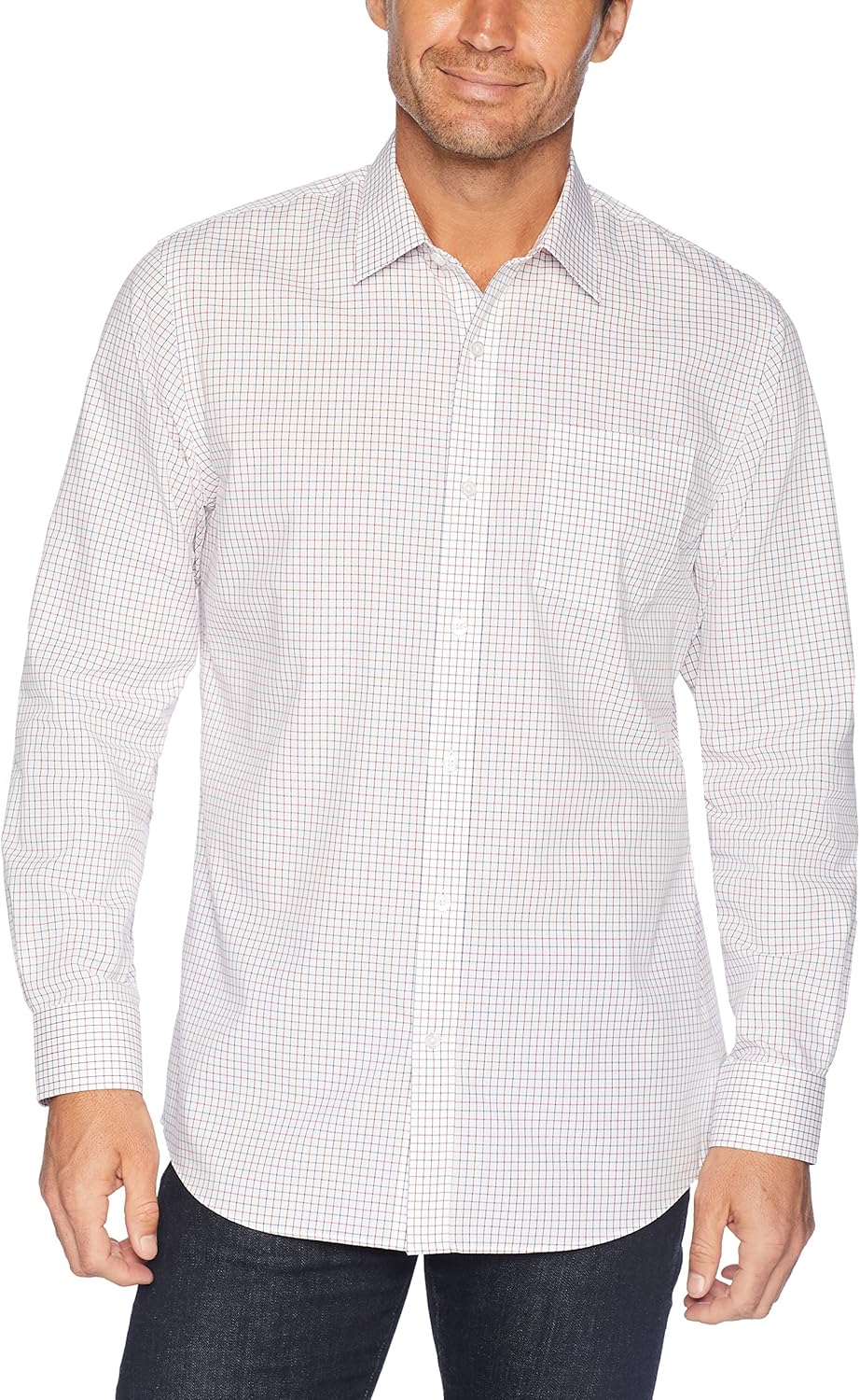  Essentials Men's Regular-Fit Wrinkle-Resistant Long-Sleeve Plaid Dress Shirt: Clothing
