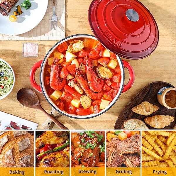 VELAZE 7.5 QT DUTCH OVEN POT WITH LID, ENAMELED CAST IRON DUTCH OVEN WITH DUAL HANDLES FOR SOURDOUGH BREAD BAKING, COOKING, NON-STICK ENAMEL COATED COOKWARE (RED)