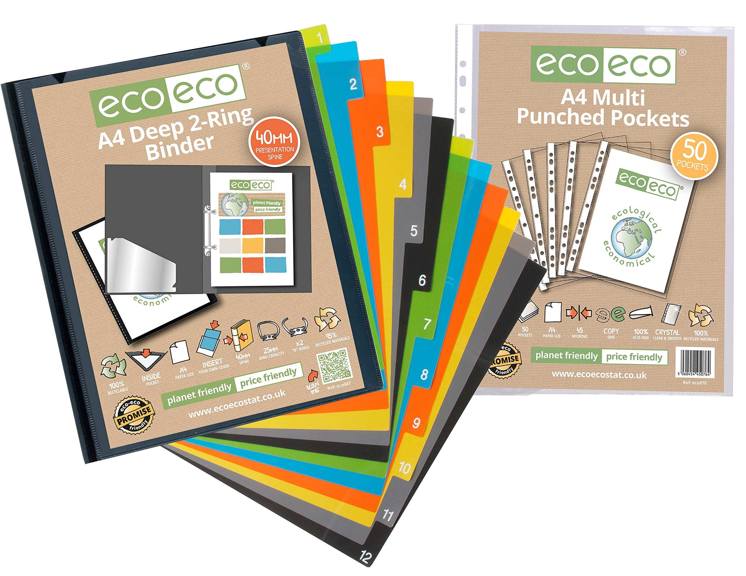 eco-eco A4 95% Recycled Spine and Front Presentation Pocket Deep Ring Binder, with 1-12 dividers and 50 Poly Pockets, eco047_29_76