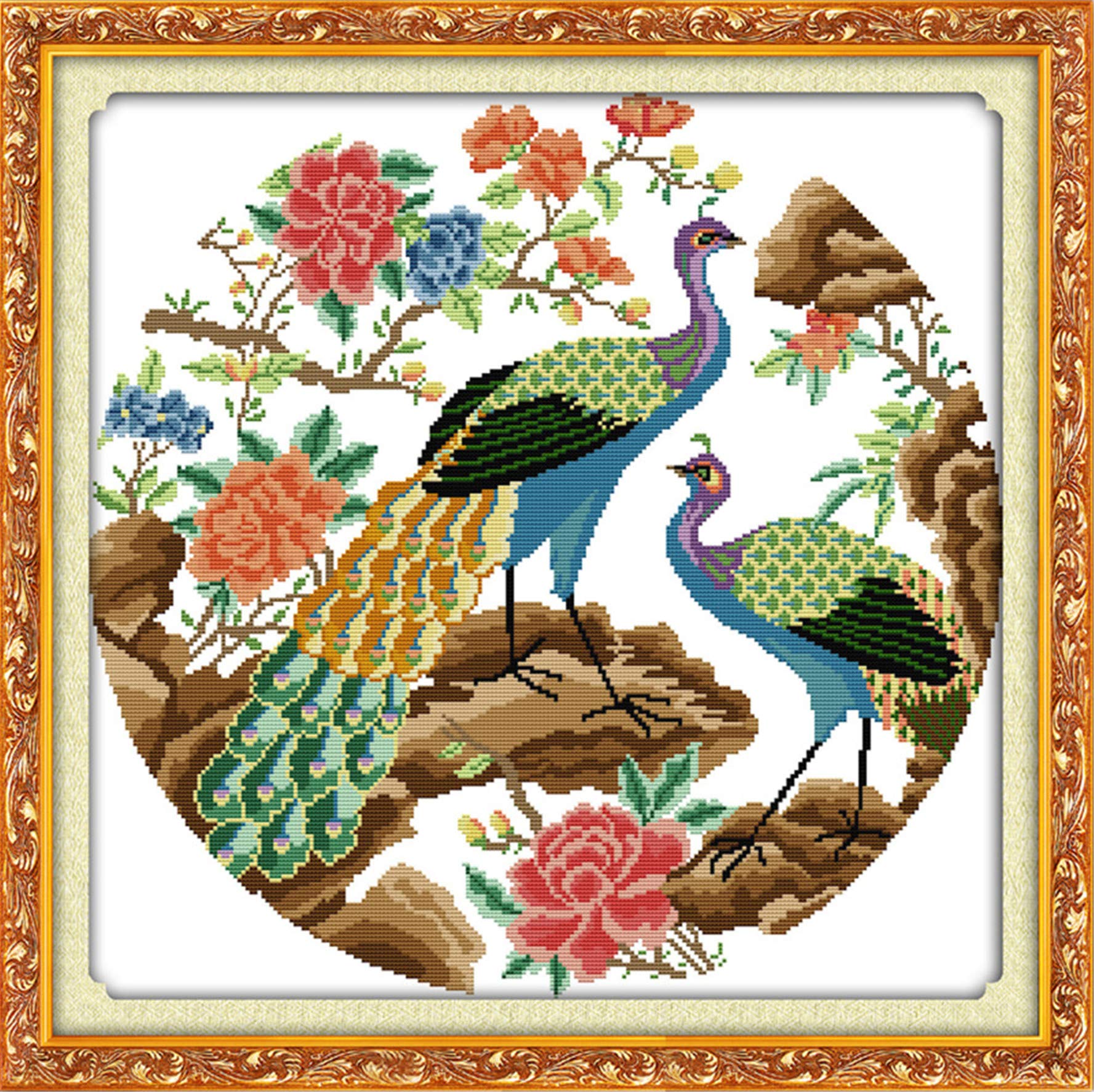 CaptainCrafts Cross Stitch Kits, Peacocks Stamped Cross Stitch Preprinted Fabric Cross Stitch DMC DIY Art Embroidery Kits (Preprinted 11CT, Two Peacocks)