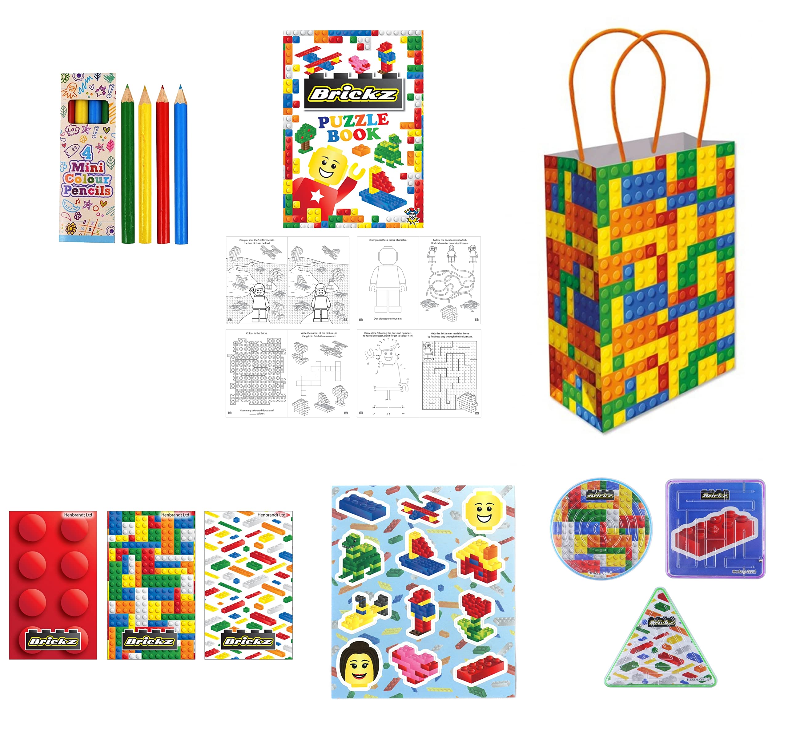 Anila's Complete Bricks Themed 10 Party Bag Fillers & Favours – Pencils, Colouring Books, Notebooks, Stationery, Mazes, Puzzles & Playing Cards. (Ideal for Children Aged 3-8)