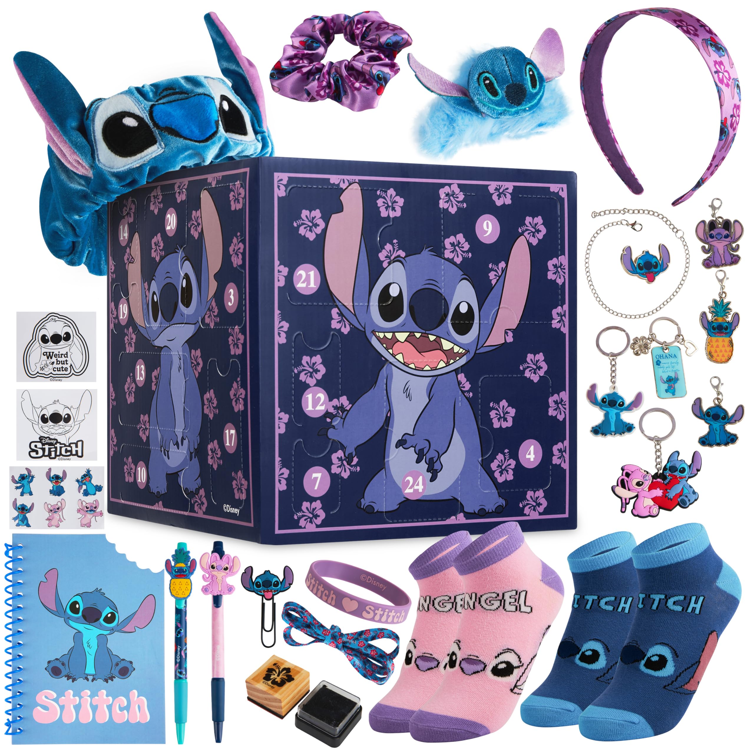 Disney Stitch Advent Calendar 2025 Stationery and Accessories Christmas Countdown Calendar with Necklace Keyring Pen Snap Bracelets Stamps (Purple Stitch Cube)