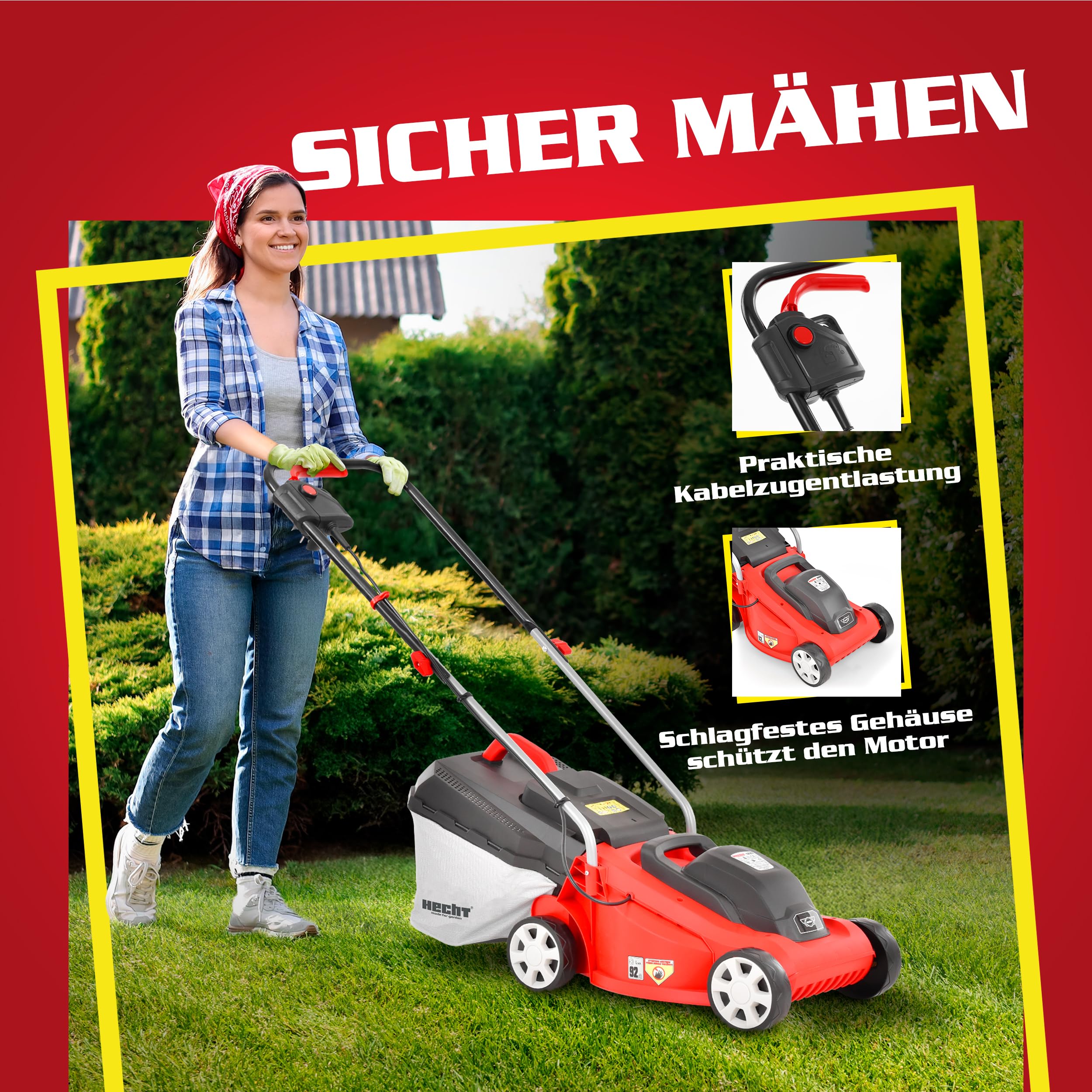 HECHT 2-IN-1 Elektro Rasenmäher mit 1300 Watt Motor – 33 cm Schnittbreite – Radschnitthöheneinstellung 20-60 mm – 30 Liter Fangkorb für einen schön gepflegten Rasen – Electric Lawnmower 6