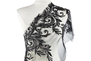 YOOGCORETT 1 Yard Black 3D Lace Applique, Sew on Sequin Bead Fabric Lace Patches Embroidered Trim for Wedding Dress Decor DIY Sewing Clothing Applique - Width 13.3" Inch