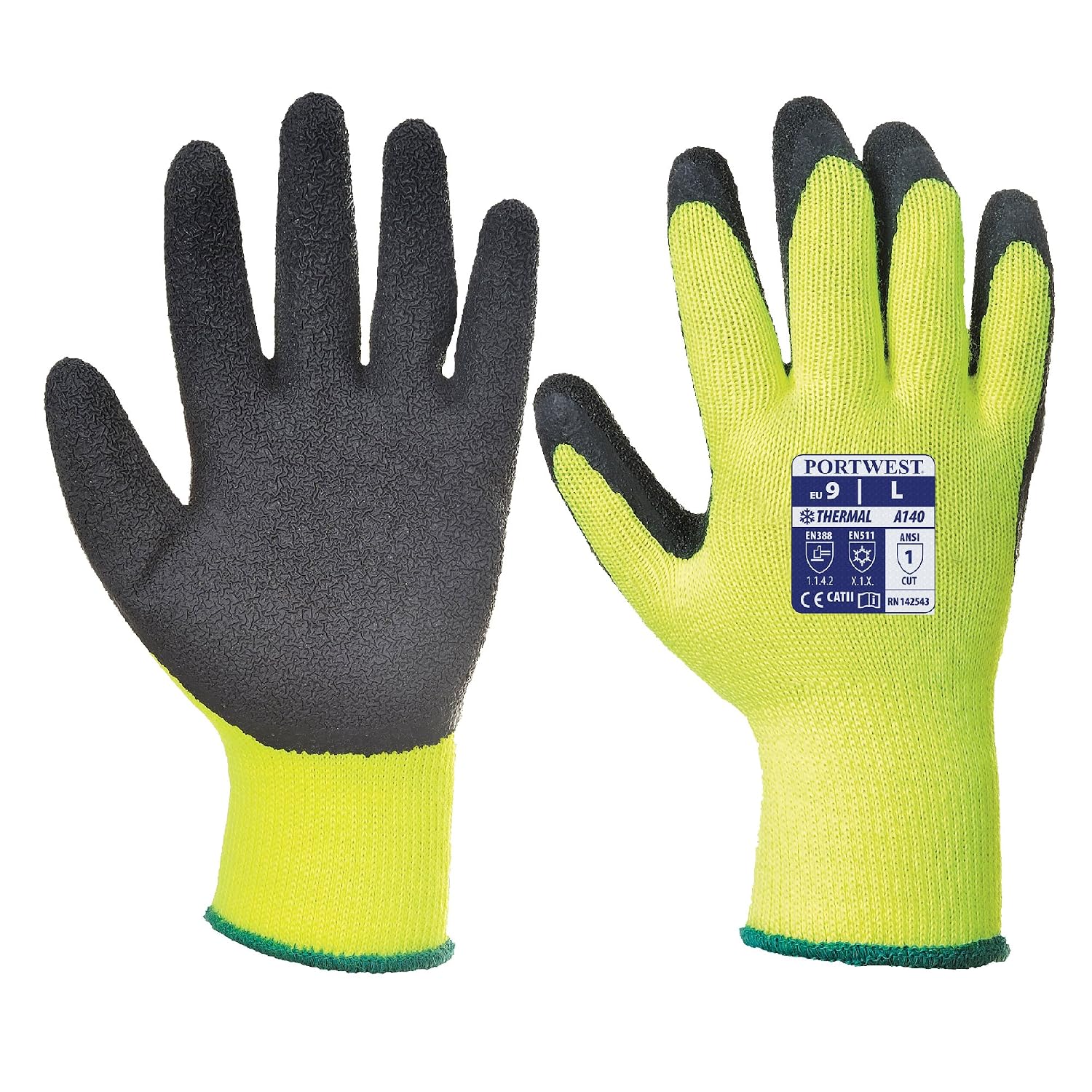 Portwest A140 Heavy Duty Thermal Grip Glove - Latex Black, X-Small, XS (Pack of 2)