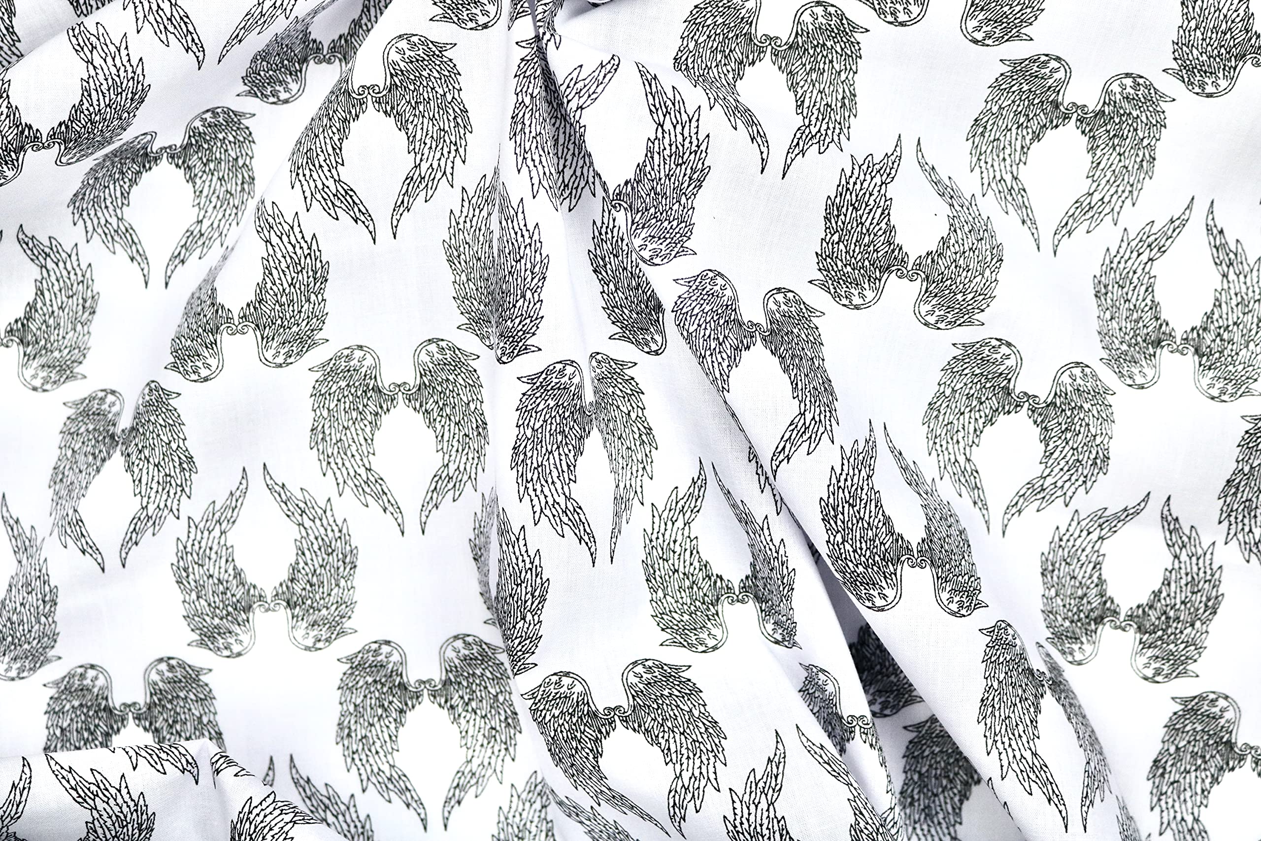 Pyrhan Angel Black Wings Polycotton Print–45 Inch Wide Dress Fabric Material by The Metre -Floral Polycotton Print Used in Sewing Kit and Accessories-Quilting Fabric (White)