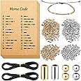 DIY Morse Code Bracelet Making Set, 800 Round Spacer Beads, 800 Long Tube Beads, 20 Morse Code Decoding Card and 2 Rolls 66 ft Waxed Polyester Twine Cord (Silver and Gold, Black Rope)