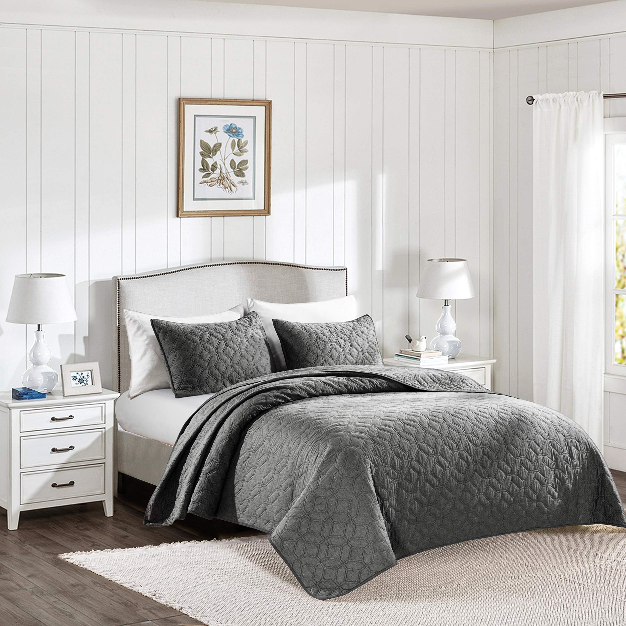 HeyDreamy Cotton Voile Lightweight 3 Piece Quilt Set Ultra Soft Garment Wash Coverlet Set Solid Diamond Stitched Bedspread Geometric Pattern with Cotton Fill for All Season (Gray,King)