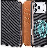 VISOUL Carbon Fiber Wallet Case for iPhone 17 Pro Max, Genuine Leather Magnetic Folio Case with RFID Blocking Card Slots, Kickstand, Soft TPU Shell, Protective Flip Cover 6.9”-Black+Tan