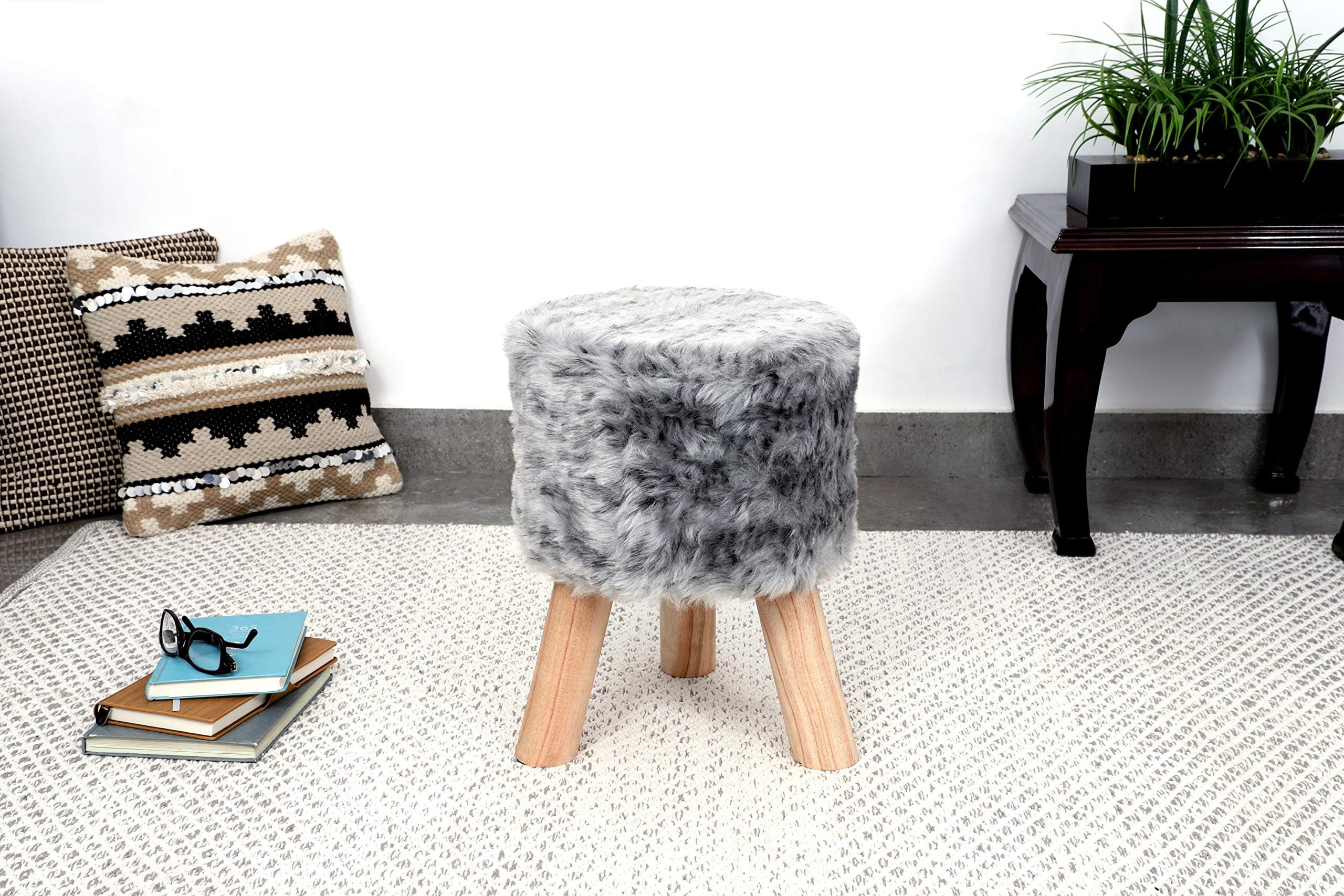 Fernish Decor Light Grey Faux Fur Stool, 3 Wooden Legs,30X30X40cms,Best for Bedroom,livingroom,kidsroom,dressingroom,Soft,Comfortable
