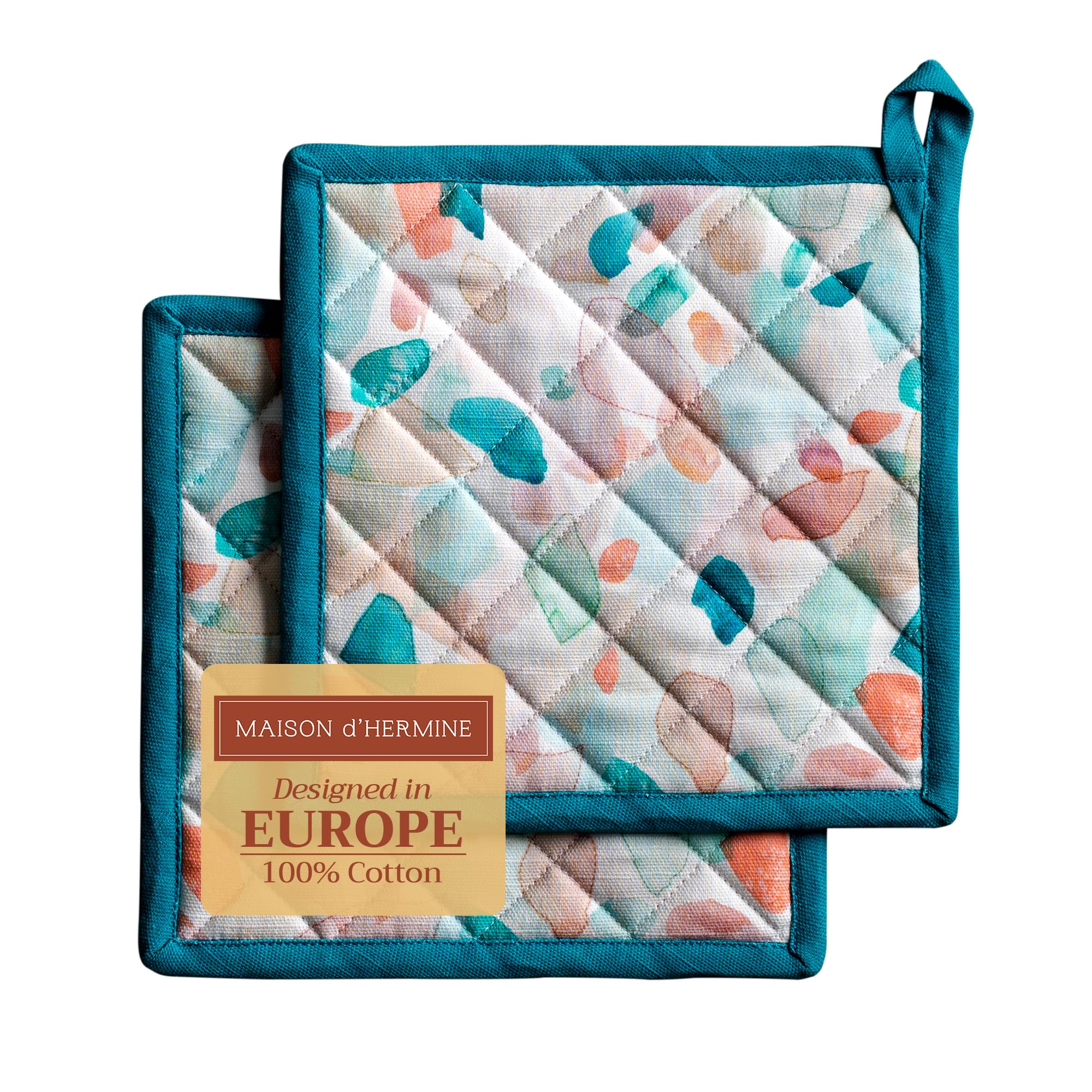 Maison d' Hermine Pot Holders Set 100% Cotton Heat Resistant Potholders 20 cm x 20 cm Hot Pads with Loop for BBQ Cooking Baking Handling Hot Pans Gifts for Mothers Day (Pack of 2, Summer Picnic)