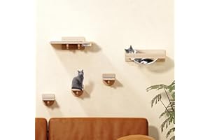 PATHOSIO PETS Cat Wall Shelves with Hammock & Feeding Station – Solid Wood Cat Wall Furniture for Large Cats, Wall-Mounted Cat Shelves with Extra Hammock, Non-Slip Steps & Bowls – Durable Cat Climbing Shelves Grey