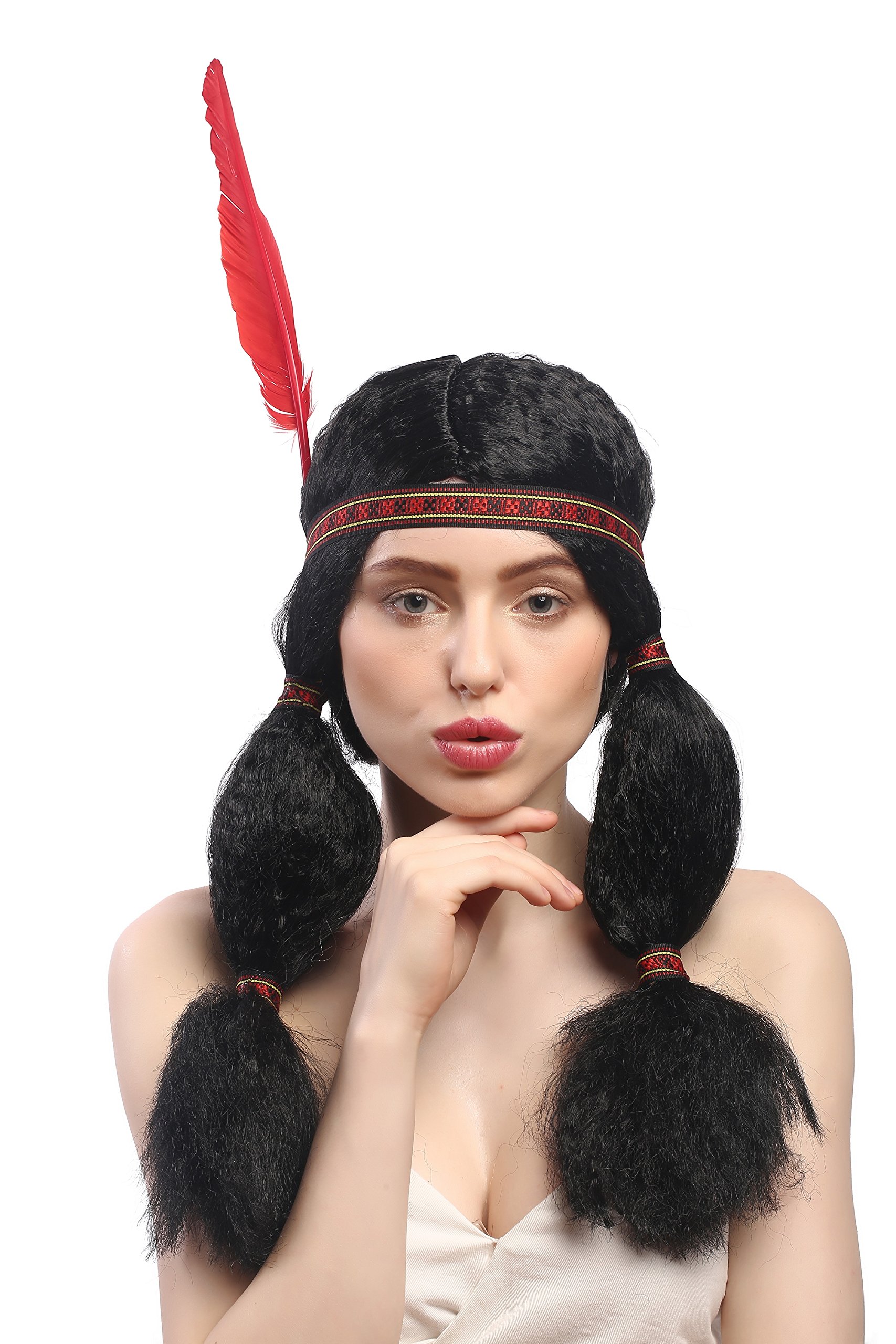 WIG ME UP - 91224-P103 Lady Party Wig Halloween Fancy Dress cute Native American inspired Girl Maiden black 2 plaits headband feather