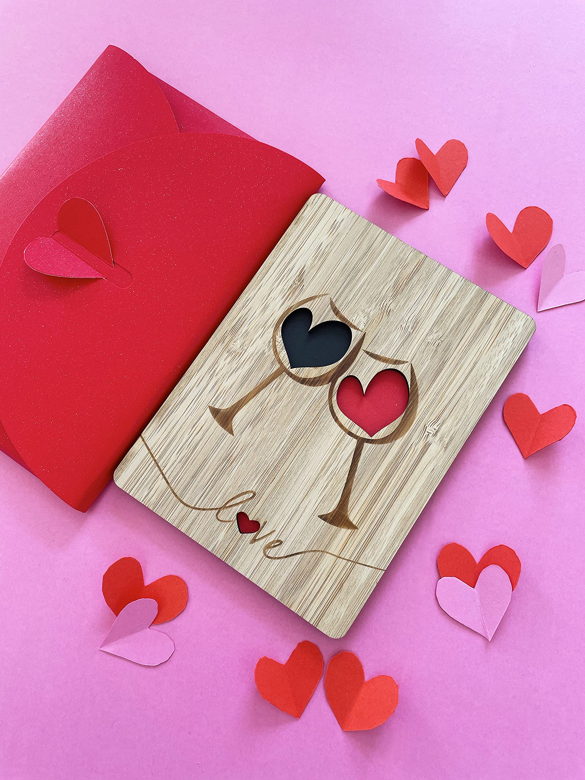 Romantic Wine Glass Toast Bamboo Love Card, Unique red gift envelope packaging.Perfect as an invitation for a date, for Valentines Day, Anniversary, Wedding, Birthday Gift for Her, Him