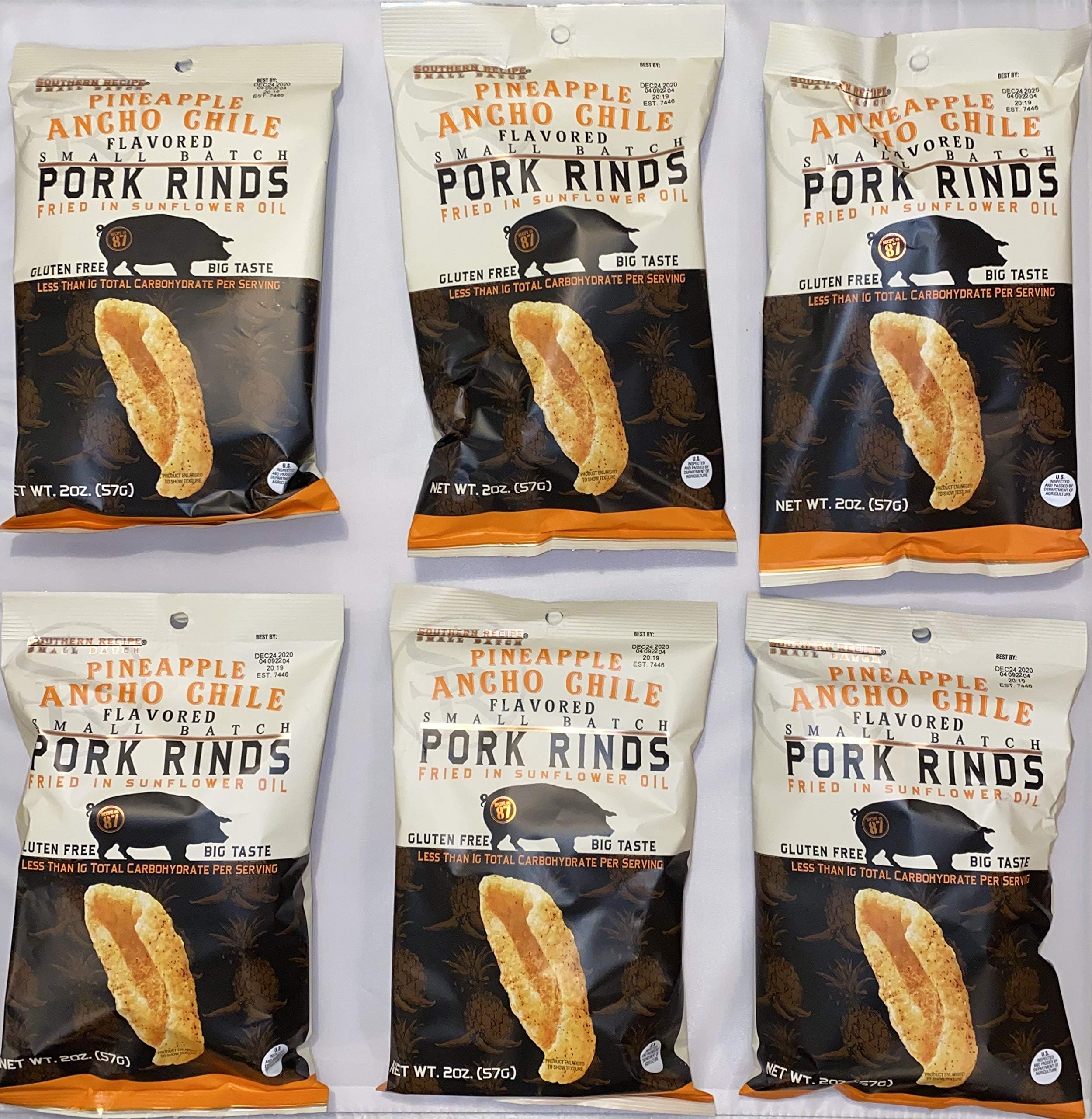 Southern Recipe Small Batch Classic Pork Rinds | Keto Snacks, Low Carb Snacks, High Protein, Gluten Free |Pineapple Ancho Chile, 2oz Bag (Pack of 6, Total of 12 Oz)