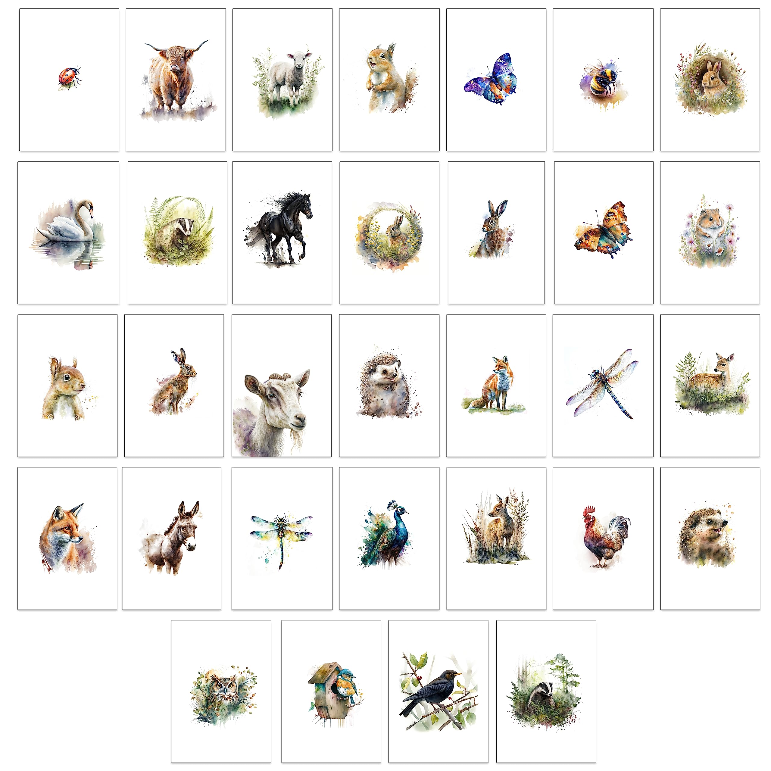 32 x British themed Watercolour Blank Greeting Cards with Envelopes (British Wildlife)