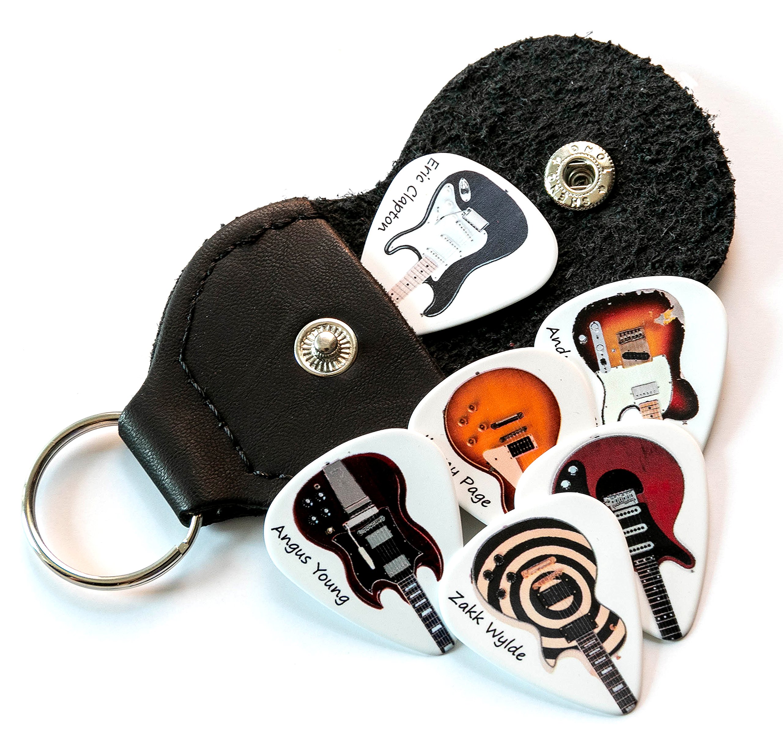 Famous Guitars on 6 Guitar Picks Double Sided With Leather Plectrum Holder Keyring
