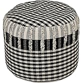 HomeRoots 18" Black Cotton Cylinder Plaid Pouf Ottoman