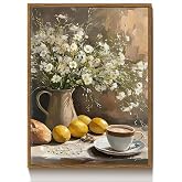 Floating Framed Vintage Floral Still Canvas Wall Art Lemon Kitchen Coffee Painting Picture Wall Decor Neutral Daisy Rustic Country Poster Print Artwork for Kitchen Livingroom Home Decoration