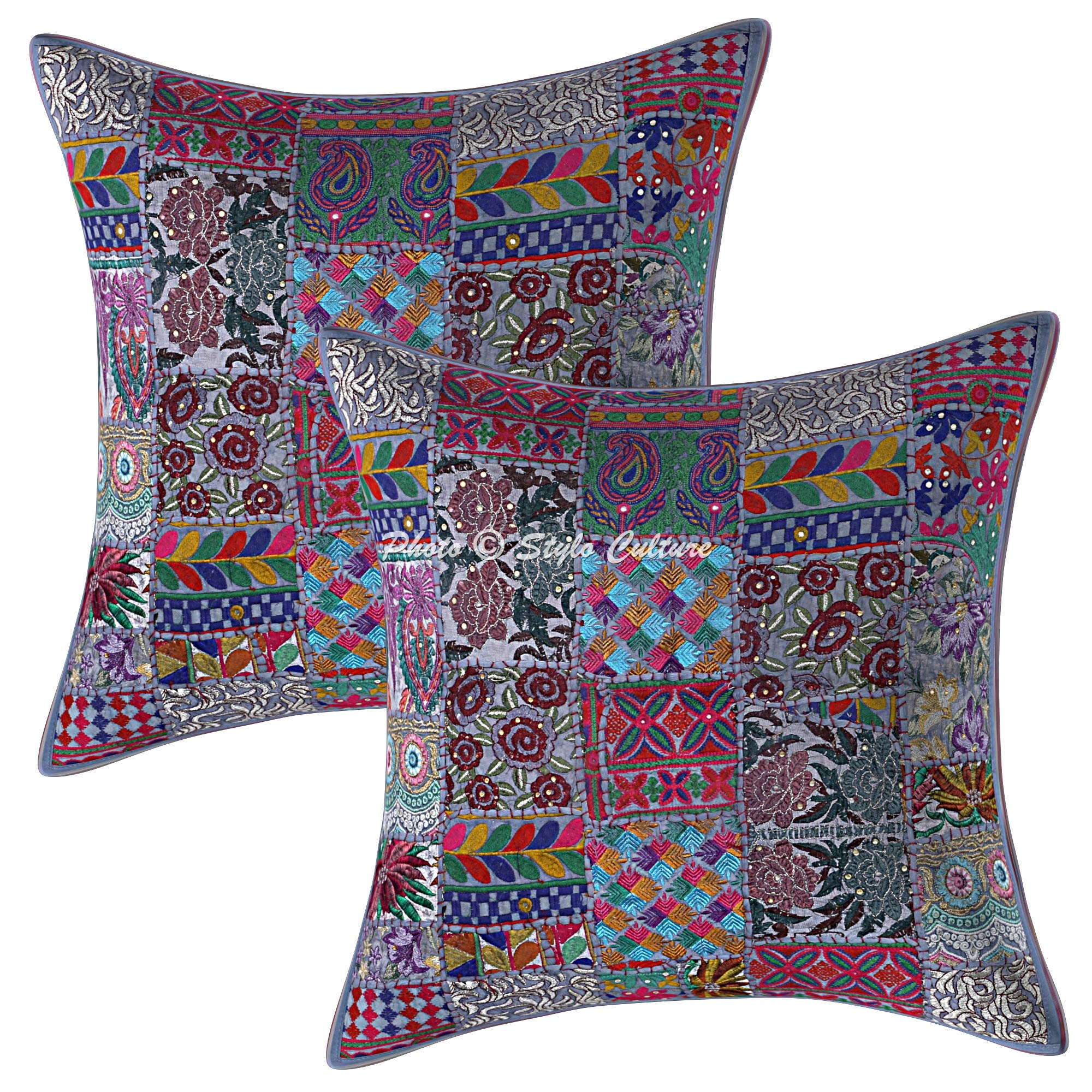 Stylo Culture Indian Cotton Vintage Fabric Patchwork Cushion Covers Large 60x60 cm Grey Bohemian 24x24 Inch Embroidered Square Couch Lounge Floral Throw Pillow Covers - (Set Of 2 Pcs)