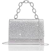 Toptime Evening Bag Sparkle Clutch Purse for Women, Silver Purse with Metal Handle, Small Formal Women Handbag with Detachable Crossbody Chain, Shinny Envelope Evening Clutch for Wedding Party Prom