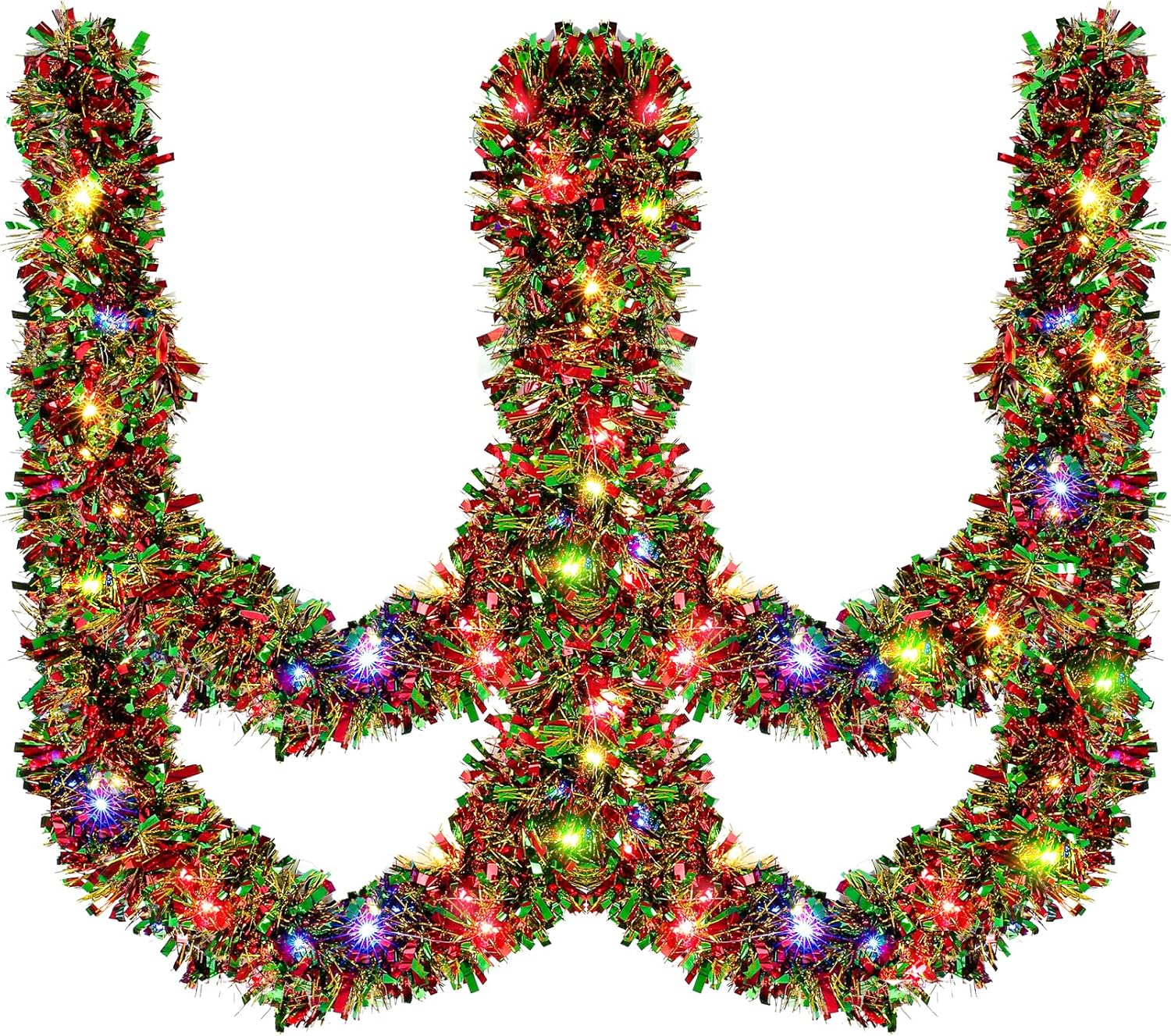 Wreaths, Garlands & Swags - 33FT Prelit Christmas Tinsel Garland Multicolor Metallic Twist Tinsel Garland with LED Lights Battery Operated Hanging Garland Decoration for Christmas Tree Stairs Mantle Decoration（Red Green Golden）