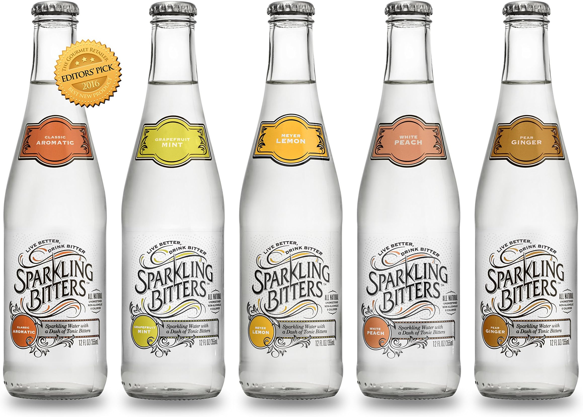 Sparkling Bitters Water, VARIETY PACK, 12 oz glass-bottle (Pack of 24)